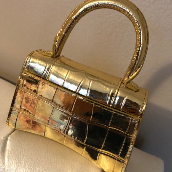 Balenciaga Hourglass Mini Metallized Crocodile Embossed Gold Leather Tote - Picture 3 of 3